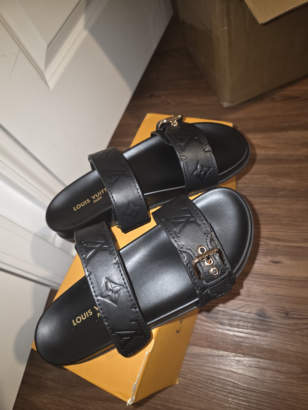 Louis Vuitton Black Monogram Embossed Leather Double-Strap Slides - Picture 2 of 3